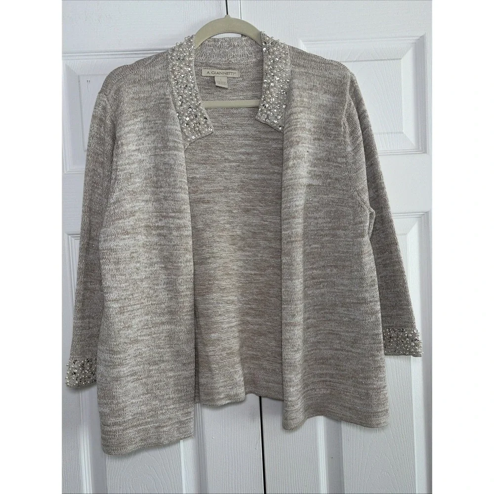 A. Giannetti Open Front Cardigan Womens Tan Pearl Sequin Cotton Blend Size L
